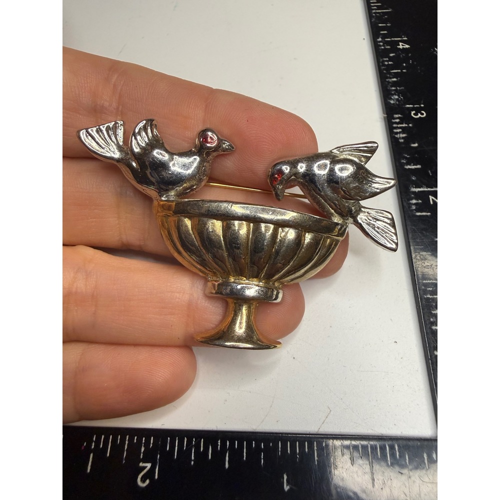 Vintage Two Tone Bird Bath Brooch Red Rhinestone Eye Figural Pin